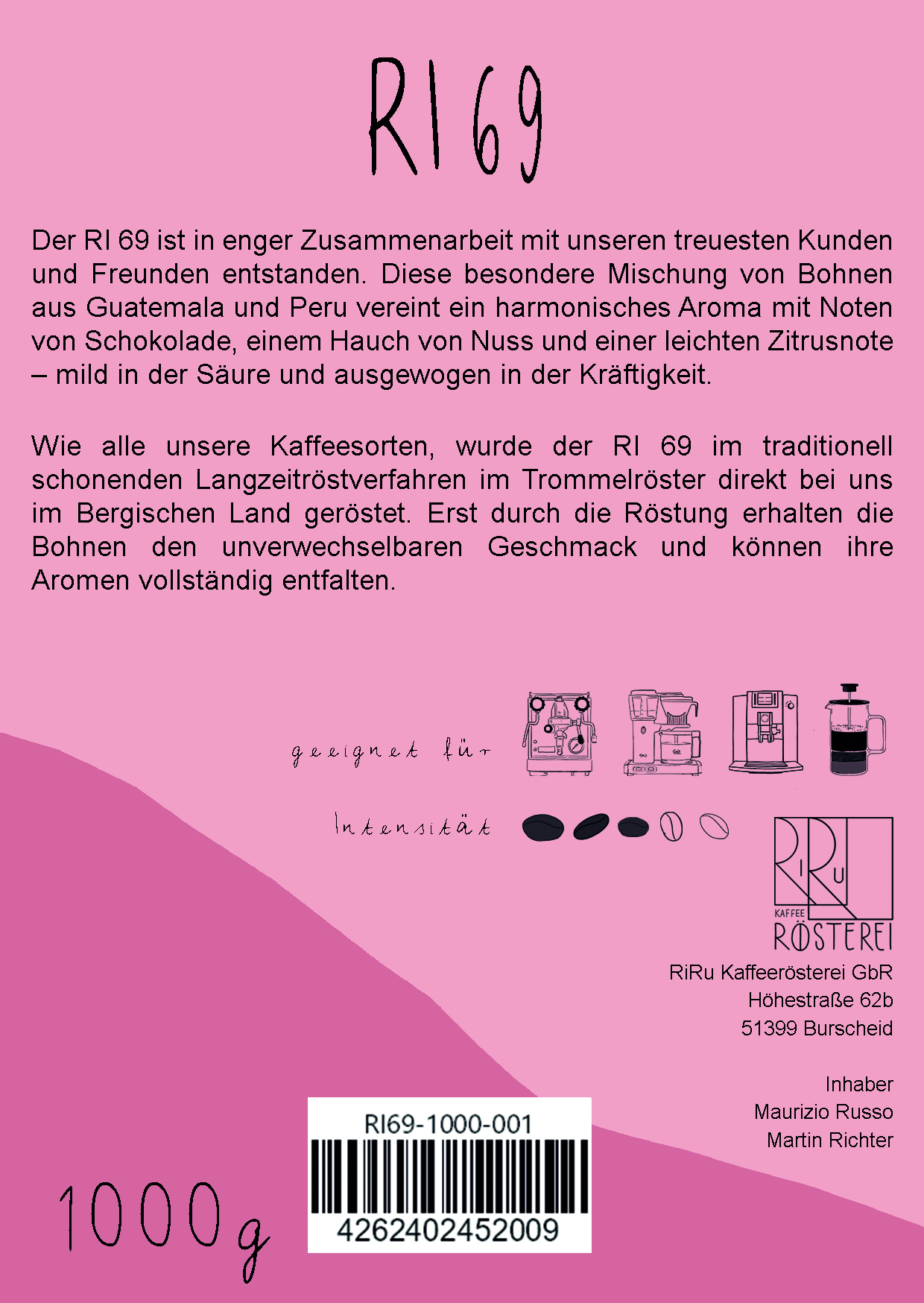 RI69 Kaffee - 100% Arabica 1000g Ganze Bohne RI69 Kaffee - 100% Arabica1000g Espressokocher