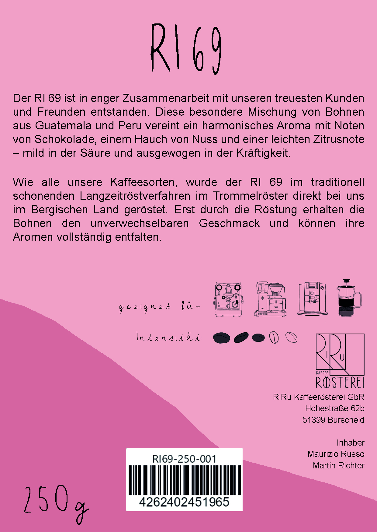 RI69 Kaffee - 100% Arabica 250g Ganze Bohne RI69 Kaffee - 100% Arabica 250g Espressokocher